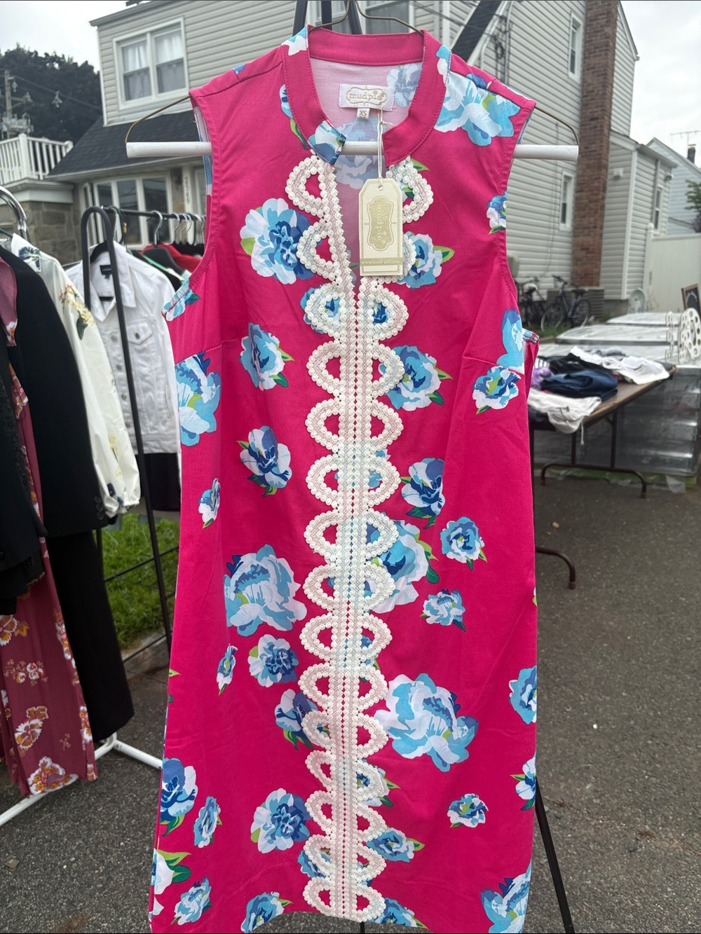 Mud Pie Hot Pink Floral Shift Dress with Blue Flowers and Ivory Lace